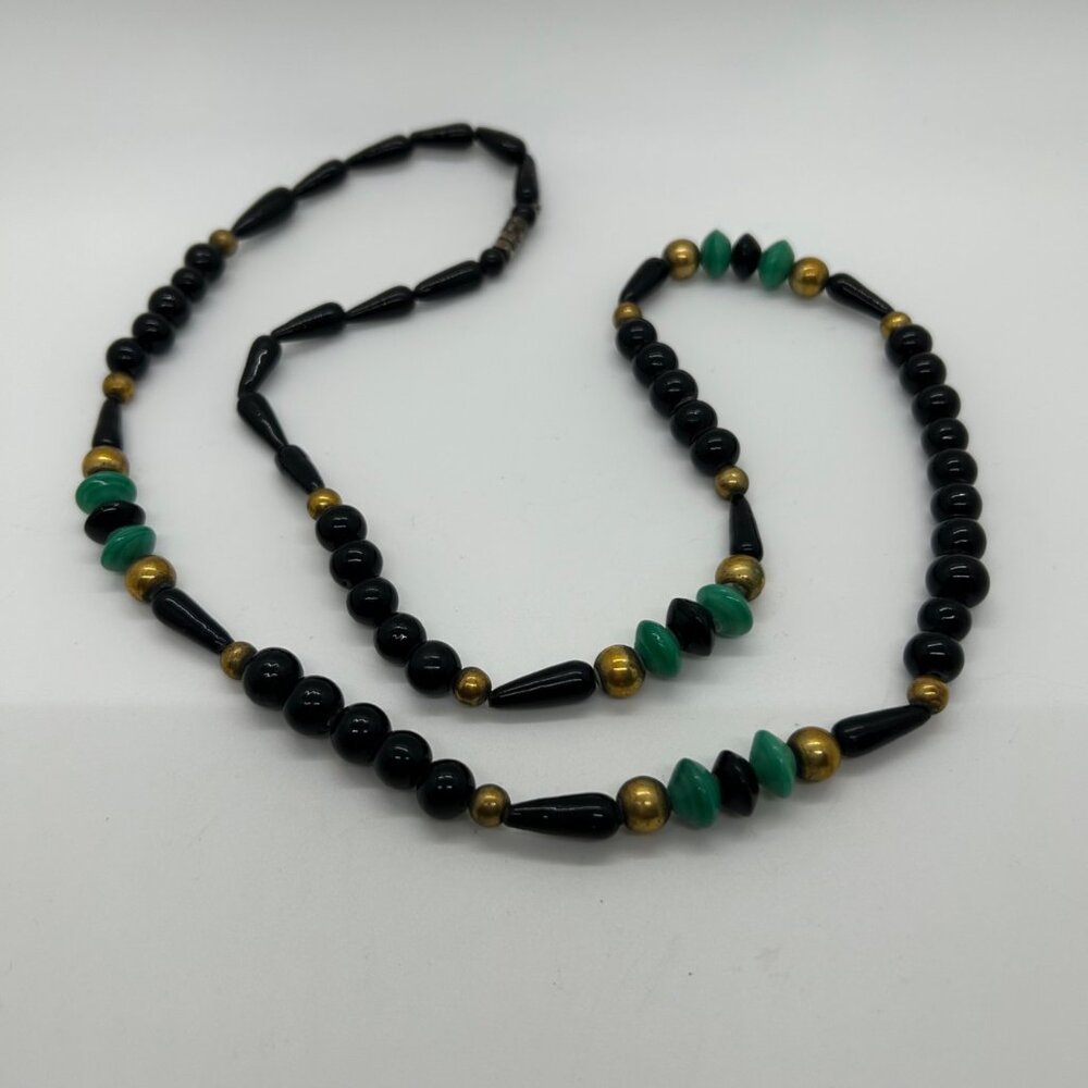 Vintage Glass Beaded Necklace Black Green Brass Accents Statement Long Art Deco - Picture 6 of 16